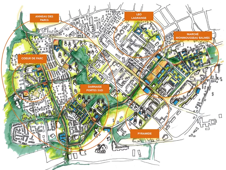 L'image montre un plan de la ville de Vénissieux avec les différents secteurs du NPNRU (étiquettes oranges sur fond de plan dessiné)