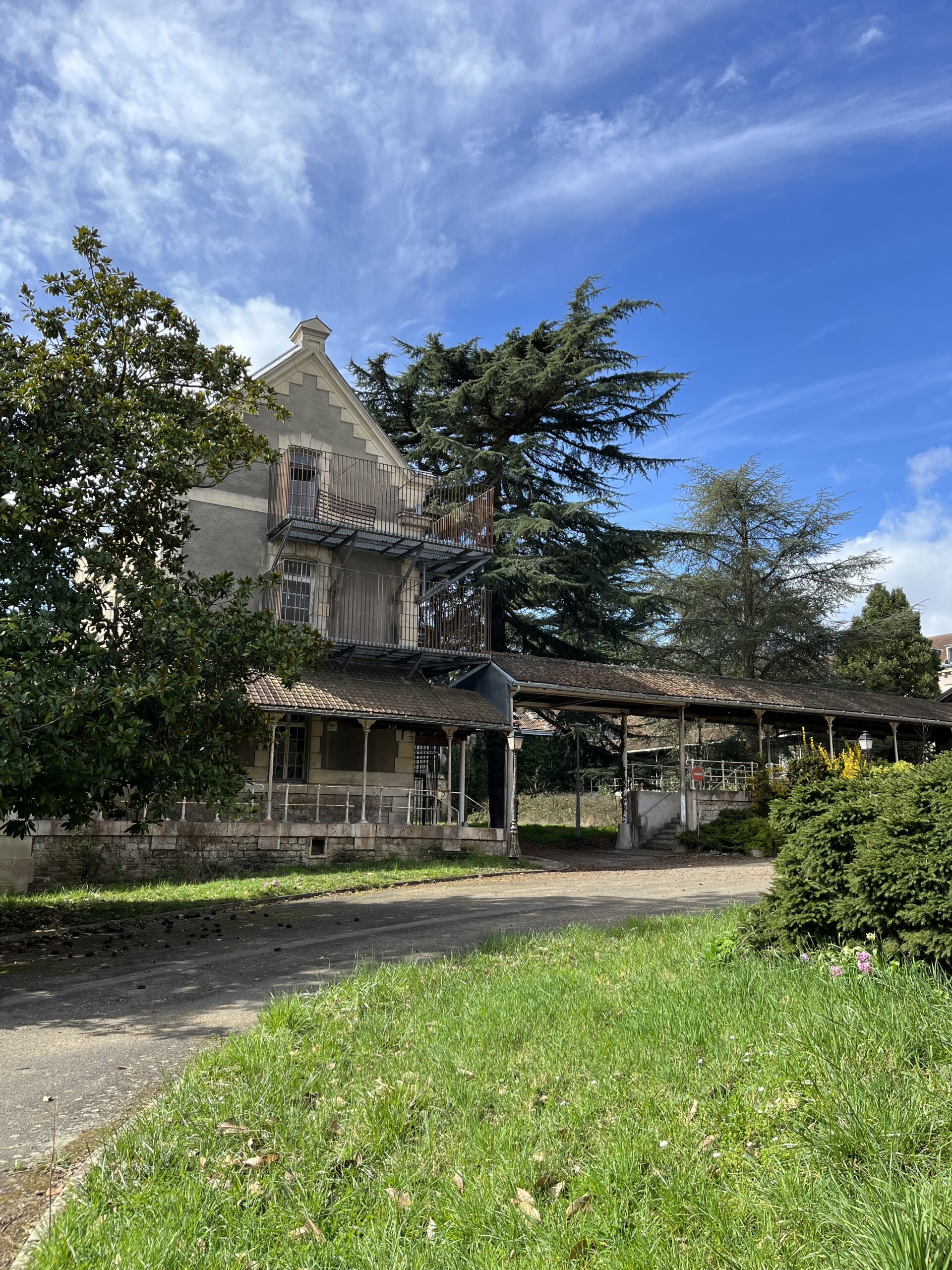 L'image montre au premier plan du gazon, puis un chemin, et enfin une haute maison entourée d'arbres haut avec un ciel bleu