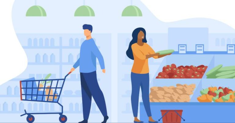 L'image montre un dessin de 2 personnes faisant leur courses au supermarché