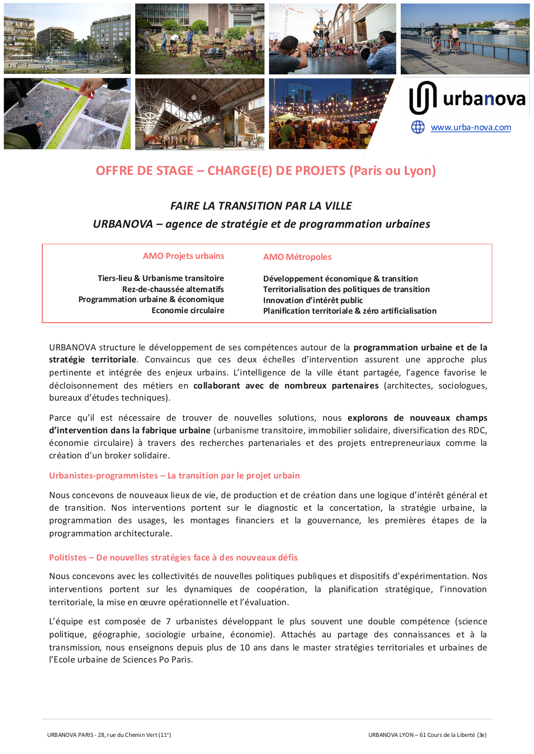 Offre de stage URBANOVA : chargé·e de projets à Paris ou à Lyon, janvier 2027