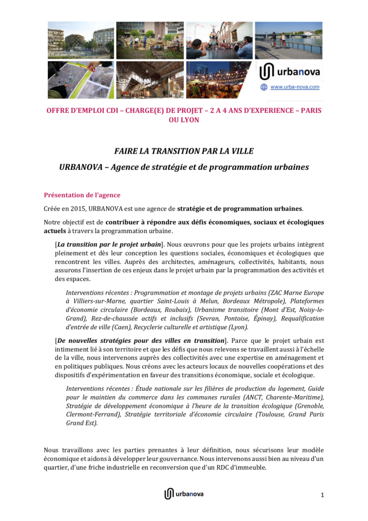 Offre URBANOVA : chargé·e de projet en CDI, 2 à 4 ans d’expérience, Paris ou Lyon